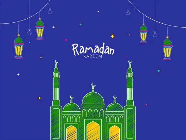 Conceito Celebração Ramadan Kareem Com Mesquita Estilo Scribble Estrelas Penduradas — Vetor de Stock