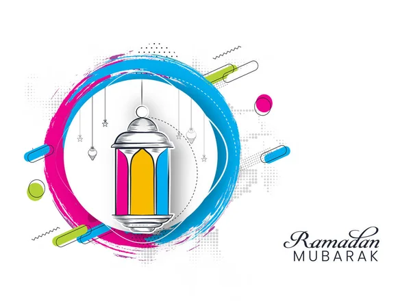 Ramadan Mubarak Font Med Klistermärke Arabiska Lykta Linjära Stjärnor Hänga — Stock vektor