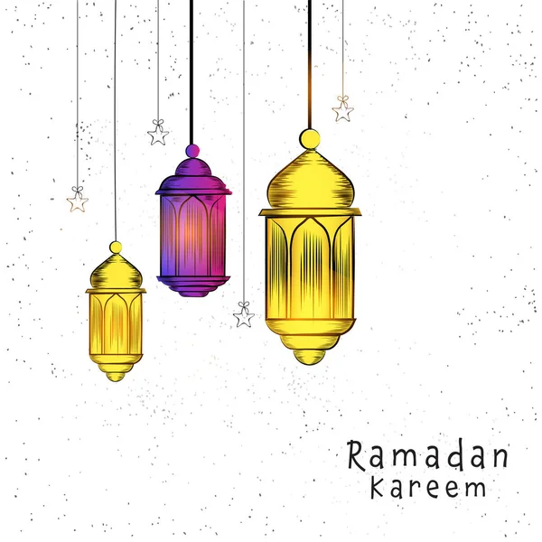 Conceito Ramadan Kareem Com Lanternas Árabes Penduradas Estrelas Fundo Branco — Vetor de Stock