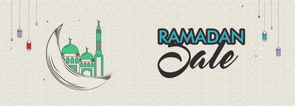 Wyprzedaż Baner Ramadan Header Design Doodle Crescent Moon Meczet Wiszące — Wektor stockowy