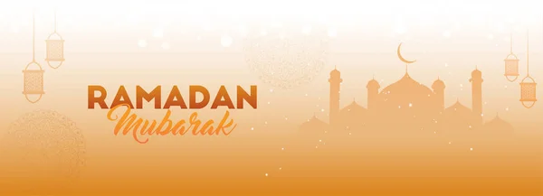 Ramadan Mubarak Concept Σιλουέτα Τζαμί Και Φανάρια Κρέμονται Γυαλιστερό Πορτοκαλί — Διανυσματικό Αρχείο