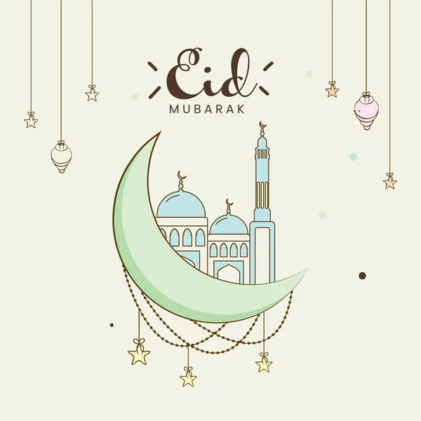 Eid Mubarak Grußkarte Mit Halbmond Moschee Sternen Laternen Auf Grauem — Stockvektor