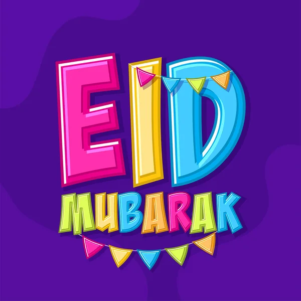 Färgglada Eleganta Eid Mubarak Font Med Bunting Flaggor Lila Bakgrund — Stock vektor