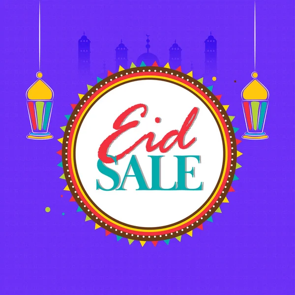 Eid Sale Poster Design Mit Hängenden Laternen Auf Violetten Silhouette — Stockvektor