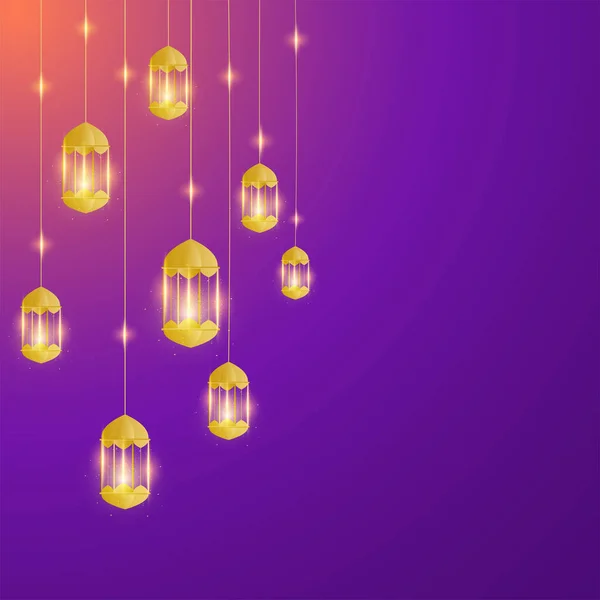 Golden Lit Lanterns Hang Lights Effect Purple Orange Background Copy — Stock Vector