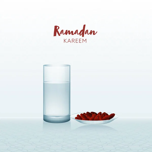 Ramadan Kareem Celebration Concept Realistic Water Glass Dates Fruit Plate — Stock Vector