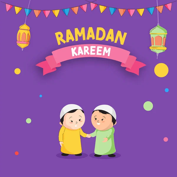 Ramadán Kareem Celebración Cartel Diseño Con Los Niños Islámicos Sosteniendo — Vector de stock