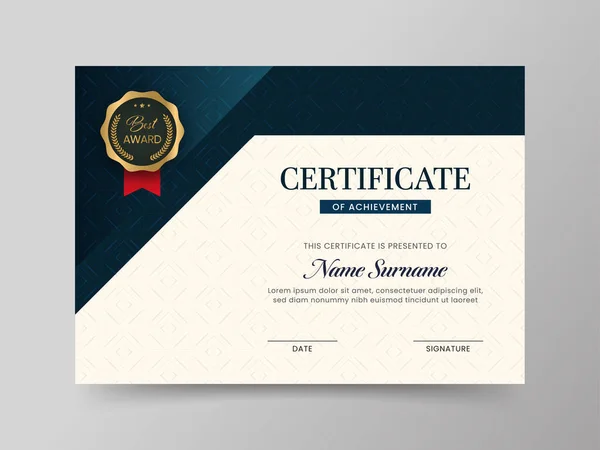 Certificaat Van Realisatie Sjabloon Met Rhombus Patroon Blauw Wit Kleur — Stockvector