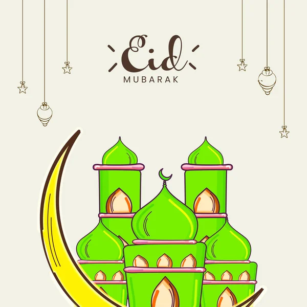 Tarjeta Felicitación Eid Mubarak Con Luna Creciente Plana Mezquita Lámparas — Vector de stock
