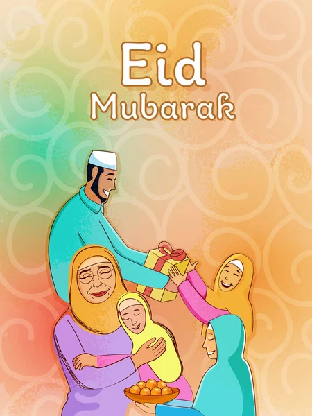 Happy Islamic People Or Family Celebrating Eid Festival On Gradient Spiral Pattern Background.