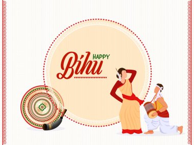 Mutlu Bihu Festivali için Pastel Portakal ve Beyaz Çizgili Müzik Aracı ile Geleneksel Kıyafet Gösterisinde Yüzsüz Çift.