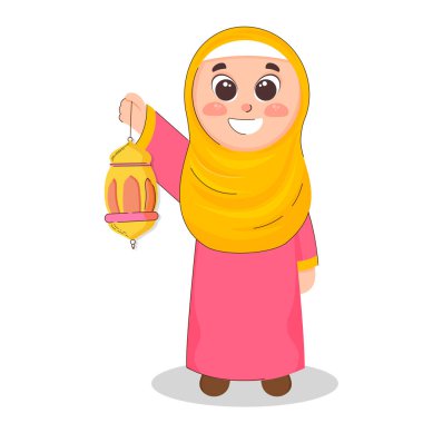 Beyaz Arkaplanda Fener Tutan İslami Genç Kız.