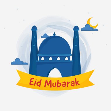 Mübarek Bayramı Cami, Hilal Ay, Bulutlar ve Beyaz Arkaplanda Mavi Fırça Vuruşuyla Kutlama Kavramı.