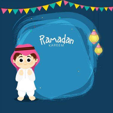 Ramazan Kareem Kutlama Kavramı: Tatlı Arap Çocuk Dua Ediyor (Namaz), Fenerler Mavi Fırça Efekti Üzerinde Asılı ve Bunting Bayrakları.