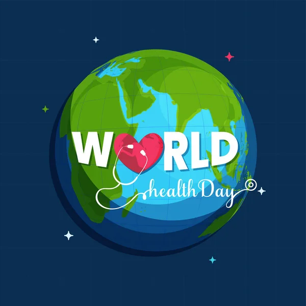 Światowy Dzień Zdrowia Czcionka Heart Checkup Stethoscope Earth Globe Blue — Wektor stockowy