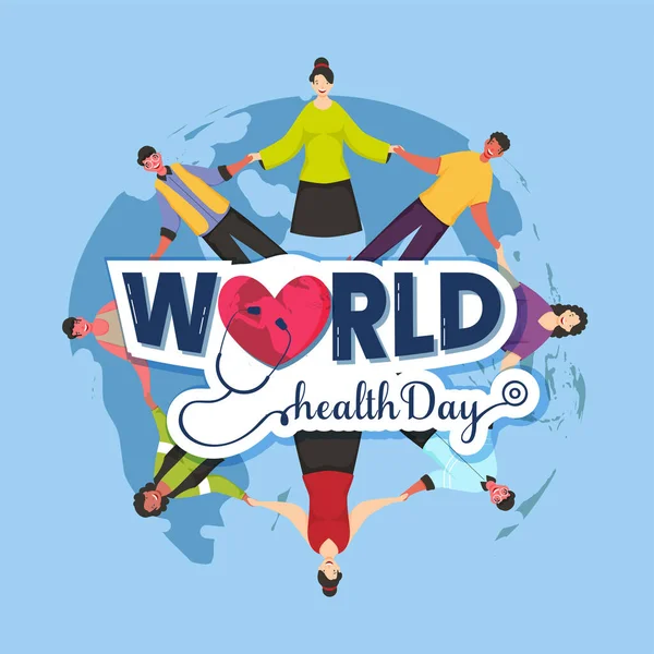 Sticker Style World Health Day Font Heart Checkup Stethoscope People — Vettoriale Stock