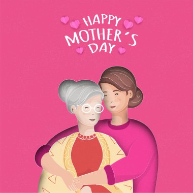 Origami Kâğıt Kalpler ve Pembe Arkaplanda annesine sarılan Küçük Kızla Anneler Gününüz kutlu olsun..