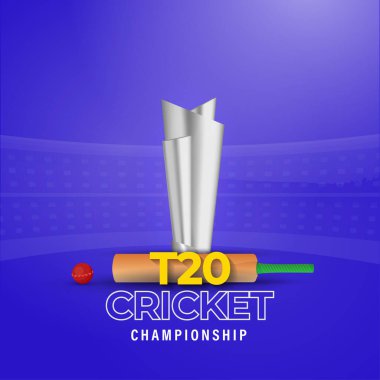 T20 Kriket Şampiyonası Gerçekçi Gümüş Kupa Kupası, Yarasa, Mavi Arkaplanda Top.