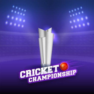 Gerçekçi Kırmızı Top ve Stadyum Arkaplanında Gümüş Kupa Kupasıyla Kriket Şampiyonası Yazı Tipi.