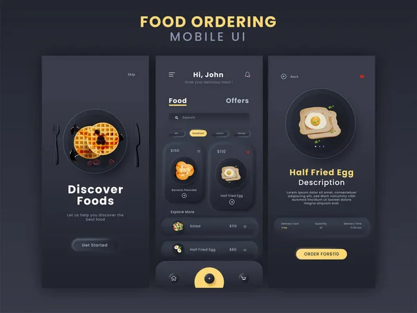 Food Orderingmobile App Incluso Login Scopri Piatto Descrizione Screen Template — Vettoriale Stock