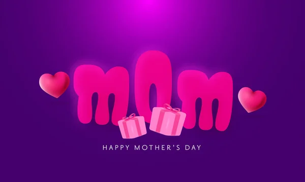 Pink Mom Font Glossy Hearts Gift Boxes Purple Background Happy — Stock Vector