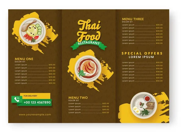 タイ料理レストランメニューカード茶色と黄色で提示料理と三つ折りパンフレット — ストックベクタ
