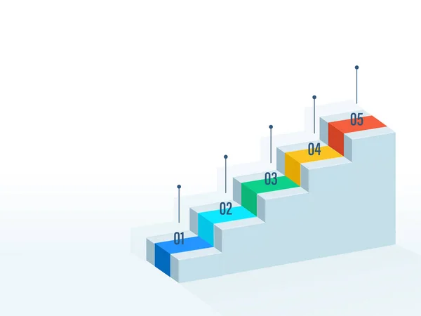 具有白色背景的五个步骤的3D企业信息图形楼梯图 — 图库矢量图片
