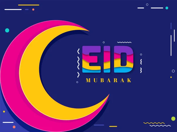 Fonte Colorida Eid Mubarak Papel Com Lua Crescente Fundo Azul — Vetor de Stock