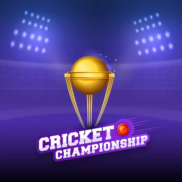 Sticker Style Cricket Championship Font Red Ball Golden Winning Trophy — Stock Vector