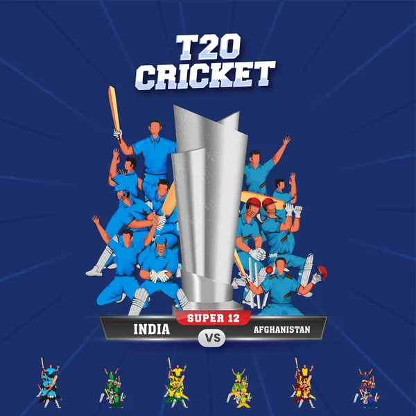 T20 Cricket Match Között India Afganisztán Játékosok Silver Trophy Cup — Stock Vector