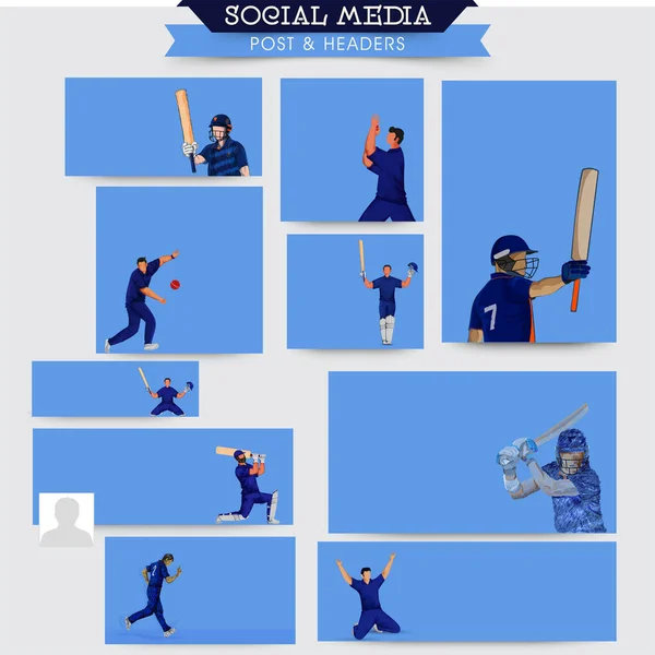 Raccolta Post Intestazioni Sui Social Media Con Giocatori Cricket Senza — Vettoriale Stock