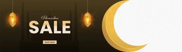 Ramadan Sale Banner Header Design Crescent Moon Lit Lanterns Hang — Stock Vector