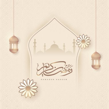 Arapça Kaligrafi: Ramazan Kareem Siluet Camii, Çiçekler ve Parlak Fenerler Bej İslami Şablon Arkaplanda Asılı.