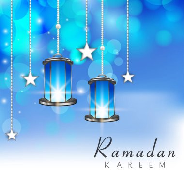Ramazan Kareem Kavramı Aydınlatılmış Fenerlerle, Yıldızlar Mavi Bokeh Işıkları Efekti.