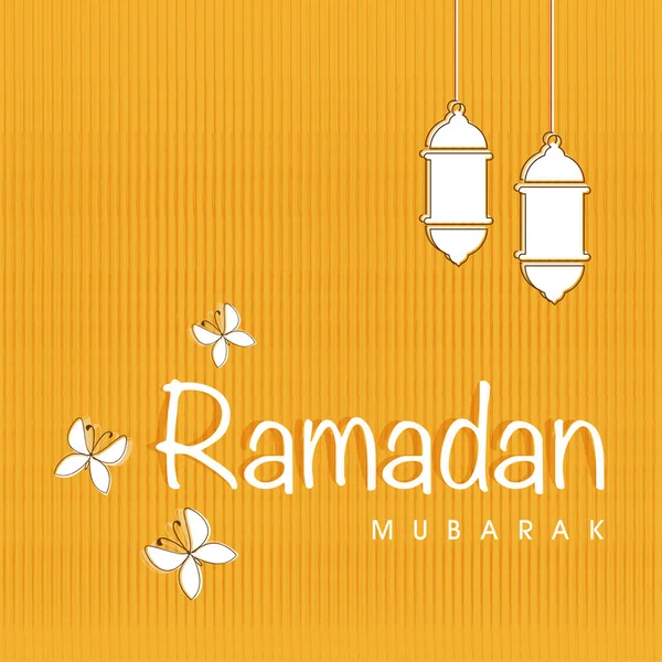 Witte Ramadan Kareem Lettertype Met Vlinders Opknoping Lantaarn Chrome Gele — Stockvector