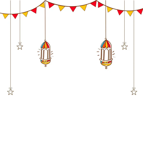 ドードルスタイルのアラビア提灯 星ハング 白い背景に飾られたバンティングフラグとイスラム祭グリーティングカードとコピースペース — ストックベクタ