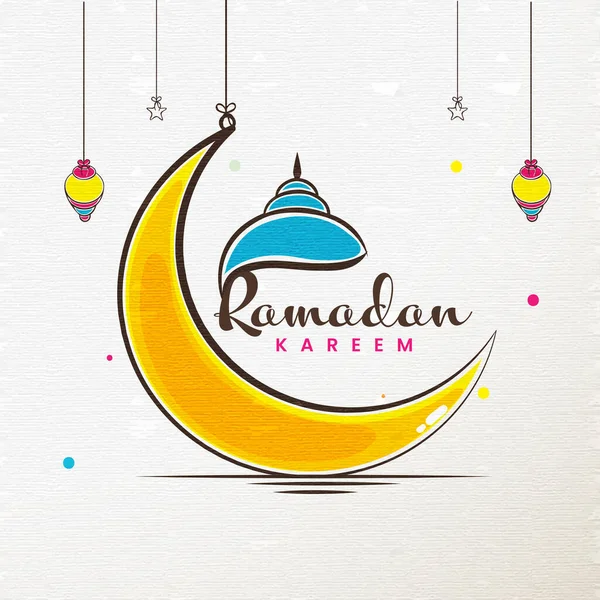 Ramadan Kareem Greeting Card Doodle Crescent Moon Mosque Dome Lanterns — 스톡 벡터
