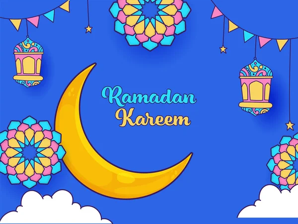 Ramadan Kareem Schrift Mit Halbmond Floralem Design Laternen Sternen Und — Stockvektor