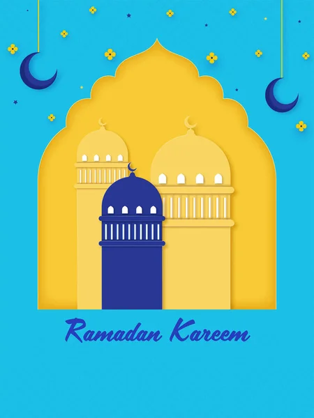 Ramadan Kareem Wenskaart Met Papier Gesneden Moskee Bloemen Halve Maan — Stockvector