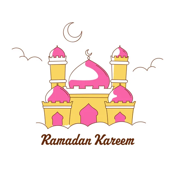 Biglietto Auguri Ramadan Kareem Con Moschea Doodle Luna Mezzaluna Sfondo — Vettoriale Stock