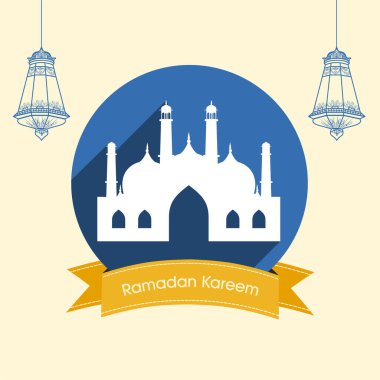 Camii olan Ramazan Kareem Yazı Tipi, Kara Fenerler Mavi ve Açık Sarı Arkaplanda Asılı.