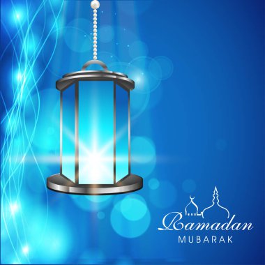 Ramazan Mübarek Yazı Tipi ve Doğrusal Cami ve Mavi Işıklandırma Arkaplanı Üzerinde 3d Işıklı Fener.