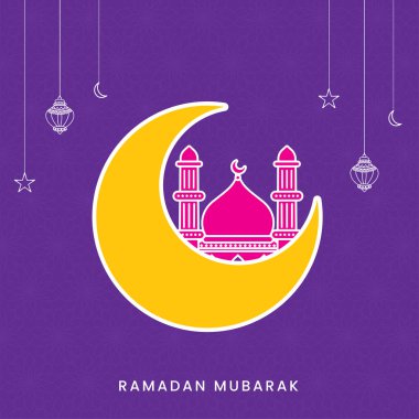 Etiket Stili Hilal Ay, Cami, Yıldızlar ve Fenerlerle Ramazan Mübarek Kavramı Mor Mandala Şablonu Arkaplan.