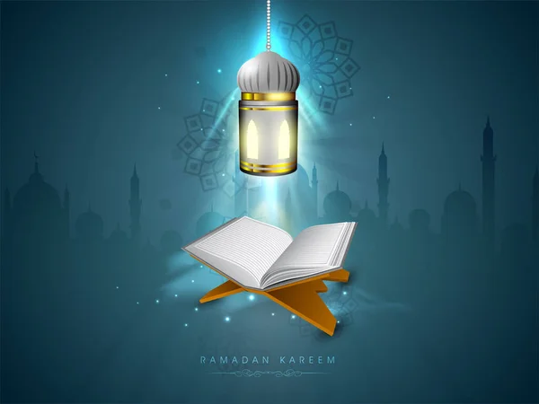 現実的なオープン聖なるクルアーンとラマダーン カレームのお祝いのコンセプト本当の意味での啓典と青いシルエットのモスクに灯明を掛ける光の効果背景 — ストックベクタ