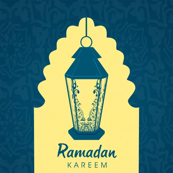 Ramadan Kareem Gratulationskort Med Arabiska Lykta Hänga Gul Och Blå — Stock vektor