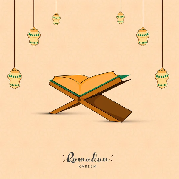 Ramadan Kareem Concetto Con Libro Aperto Santo Corano Rehal Lampade — Vettoriale Stock