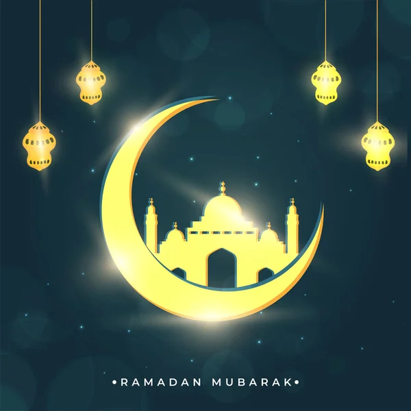 Ramadan Mubarak Concept Shiny Yellow Crescent Moon Mosque Lanterns Hang — Stock Vector