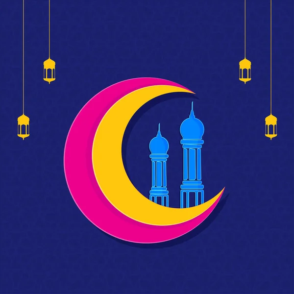 Muslim Community Festival Concept Crescent Moon Paper Mosque Minarets Lanterns — Stock Vector