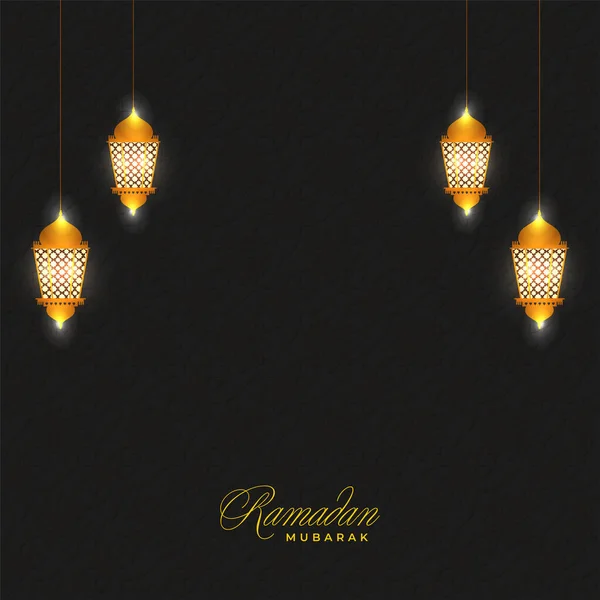Ramadan Mubarak Celebration Concept Φωτισμένους Αραβικούς Φανούς Κρέμονται Μαύρο Μοτίβο — Διανυσματικό Αρχείο