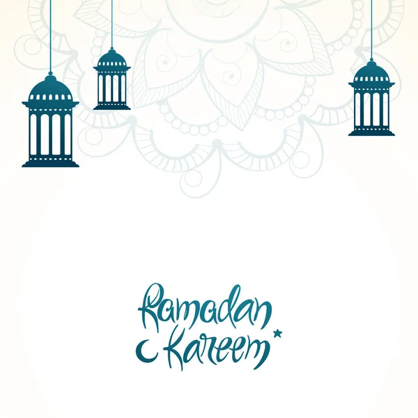 Ramadan Kareem Font Crescent Moon Star Hanging Lanterns Decorated White — Wektor stockowy
